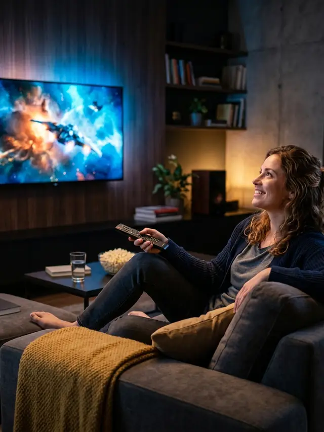 Casal assistindo televisão em uma sala aconchegante