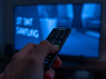 Mão segurando o controle remoto diante da TV