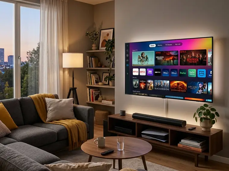 Sala de estar com televisão grande e iluminação suave