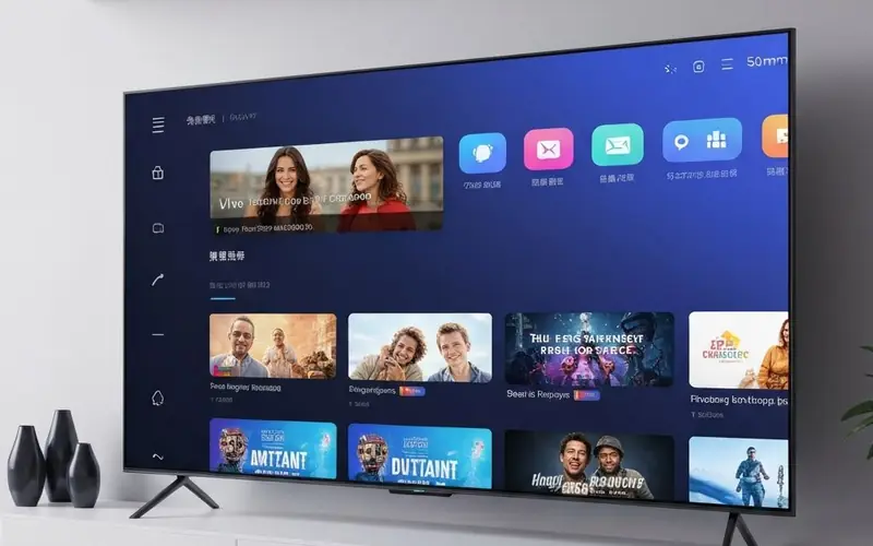 Smart TV sobre rack exibindo aplicativos