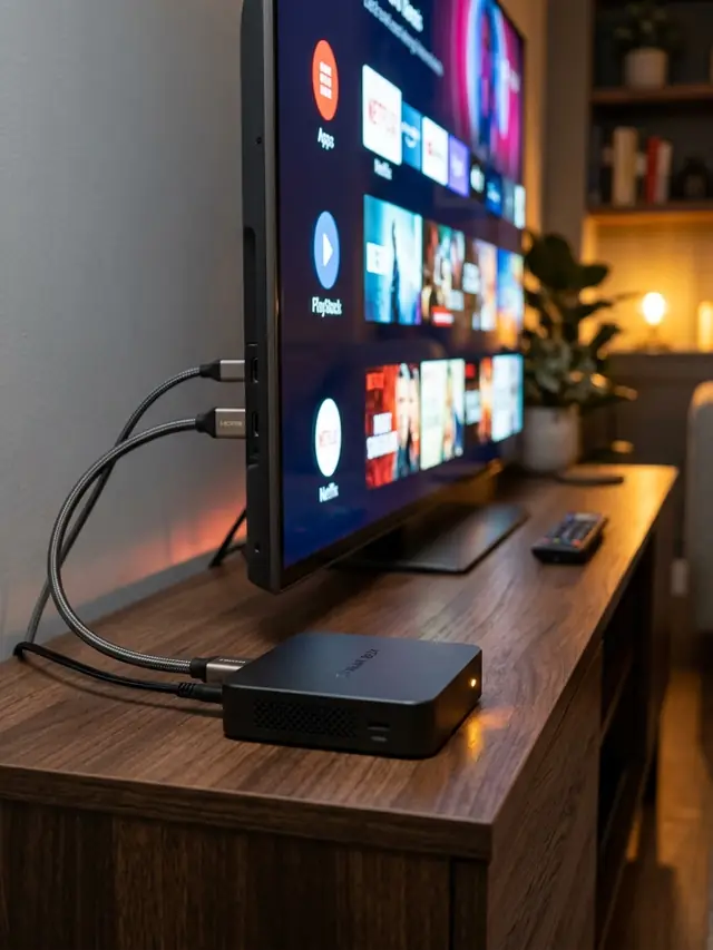 TV Box ligada embaixo da televisão